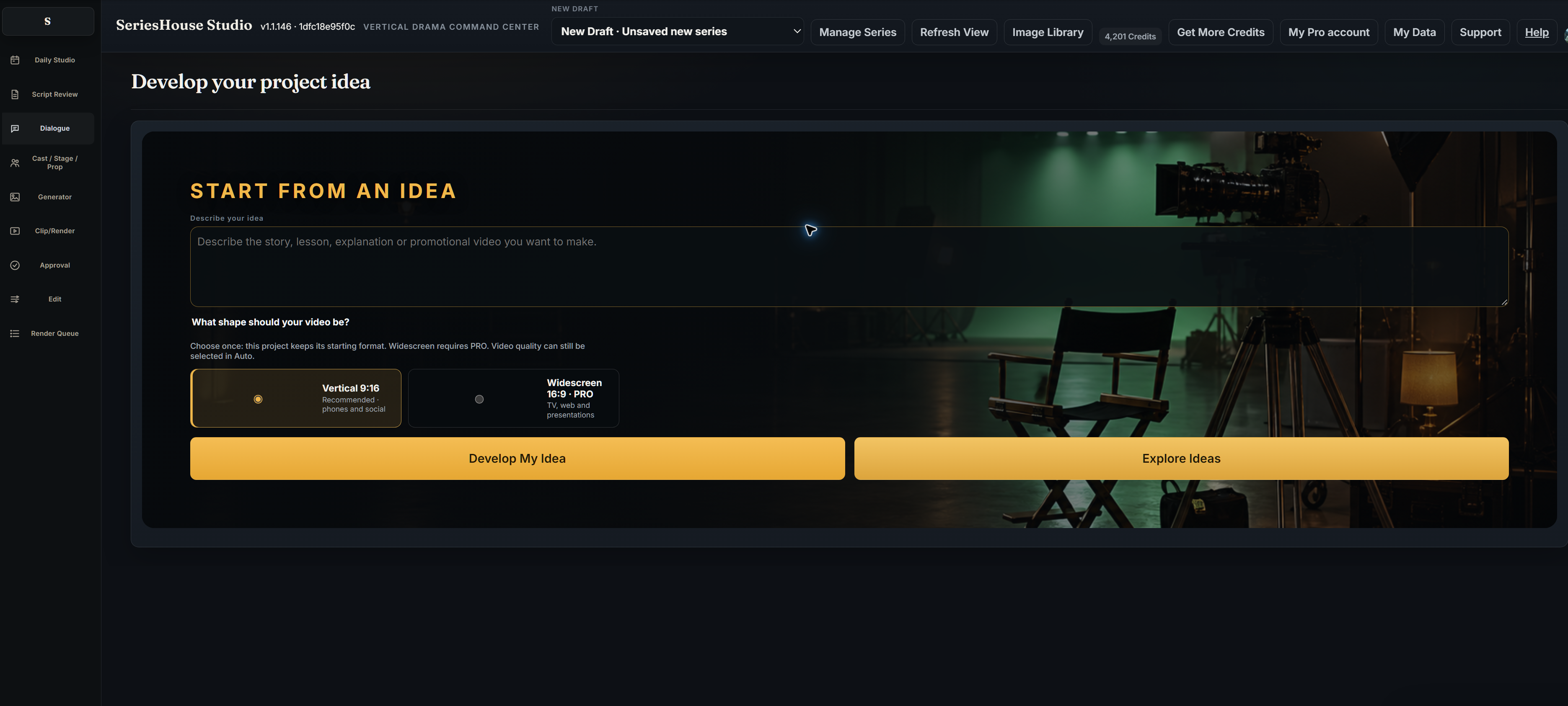 SeriesHouse Studio showing the Start from an idea workspace and production navigation